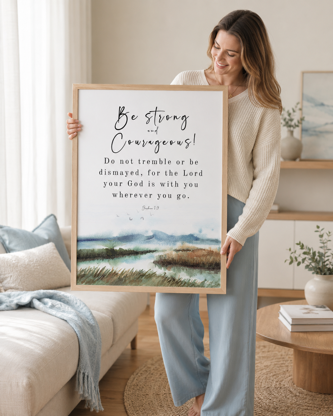 Woman holding a framed Joshua 1:9 Bible verse print while sitting on a bed at home