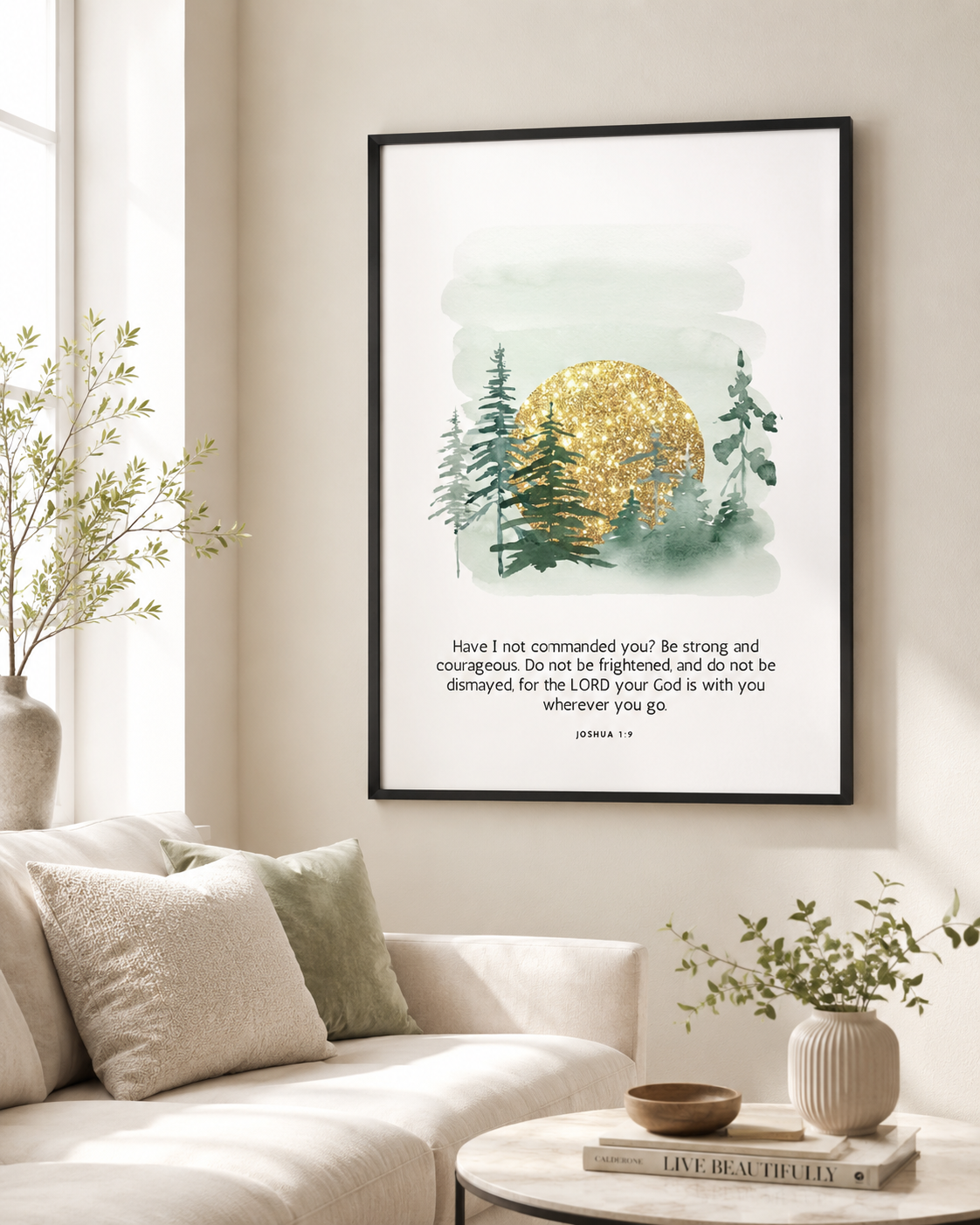 Framed Joshua 1:9 wall art print on a console table near an entryway