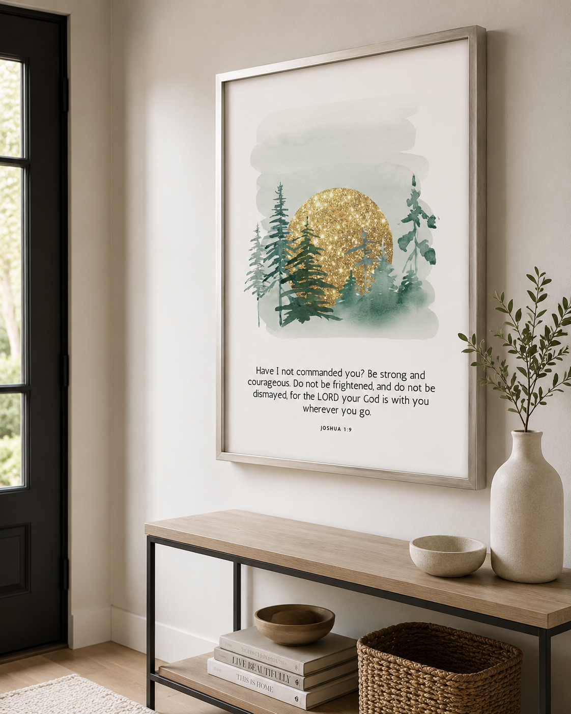 Joshua 1:9 pine tree scripture print in a white frame in a cozy reading nook