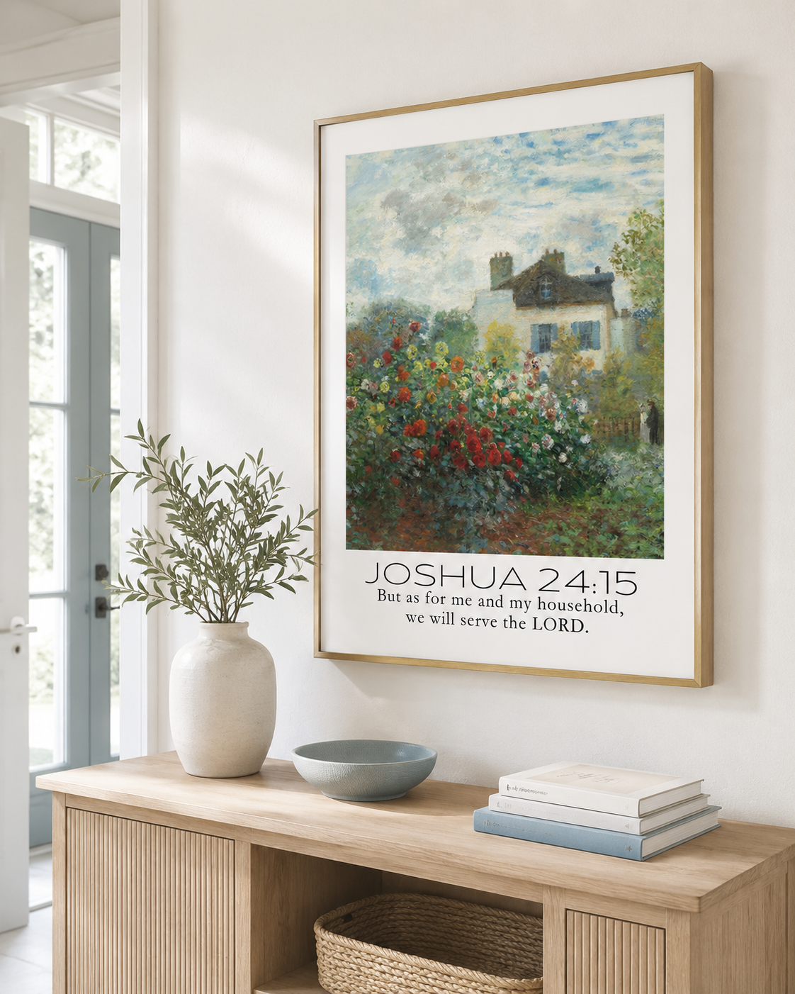 Framed Joshua 24:15 wall art print on a console table near an entryway
