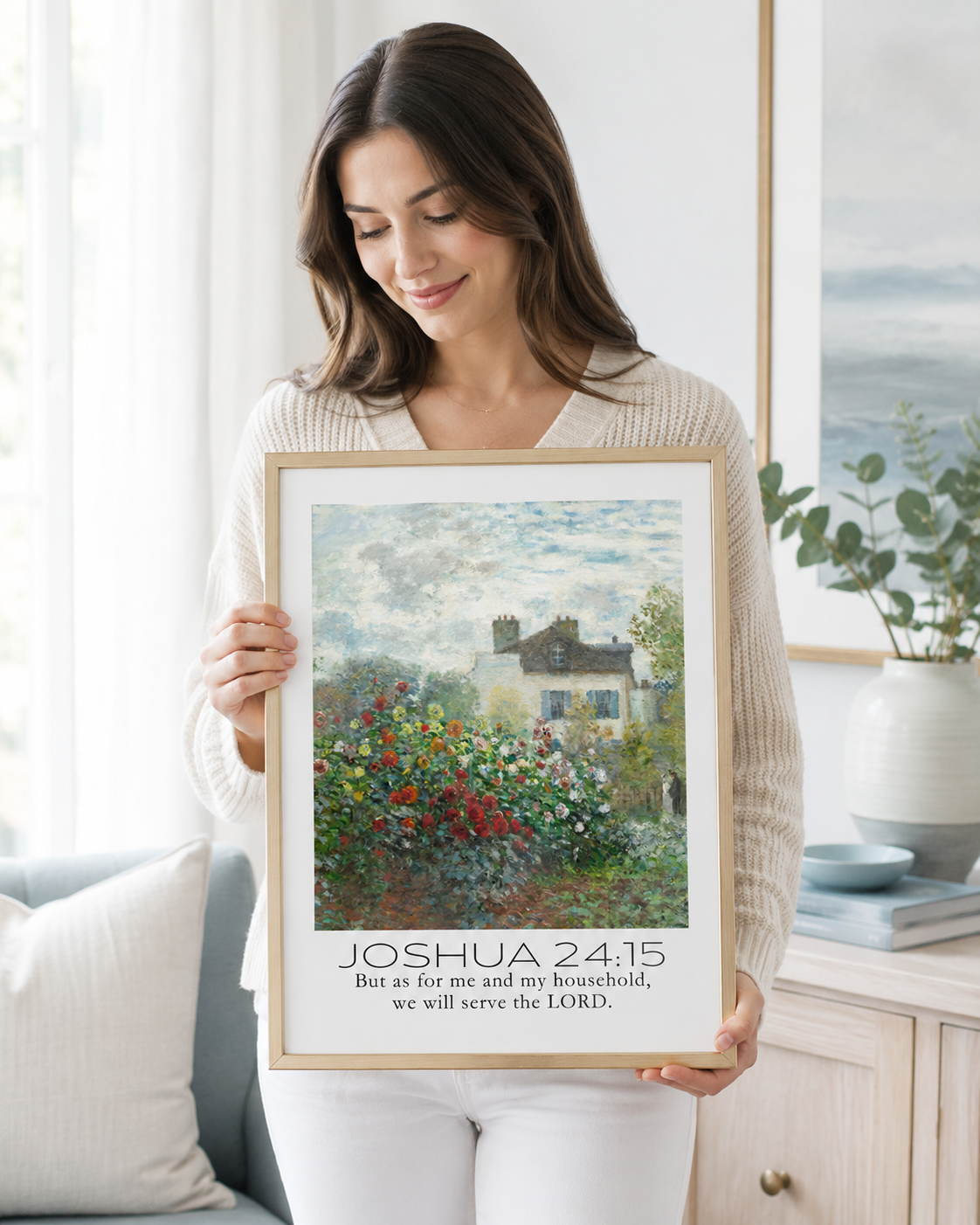 Woman holding a framed Joshua 24:15 Bible verse print at home