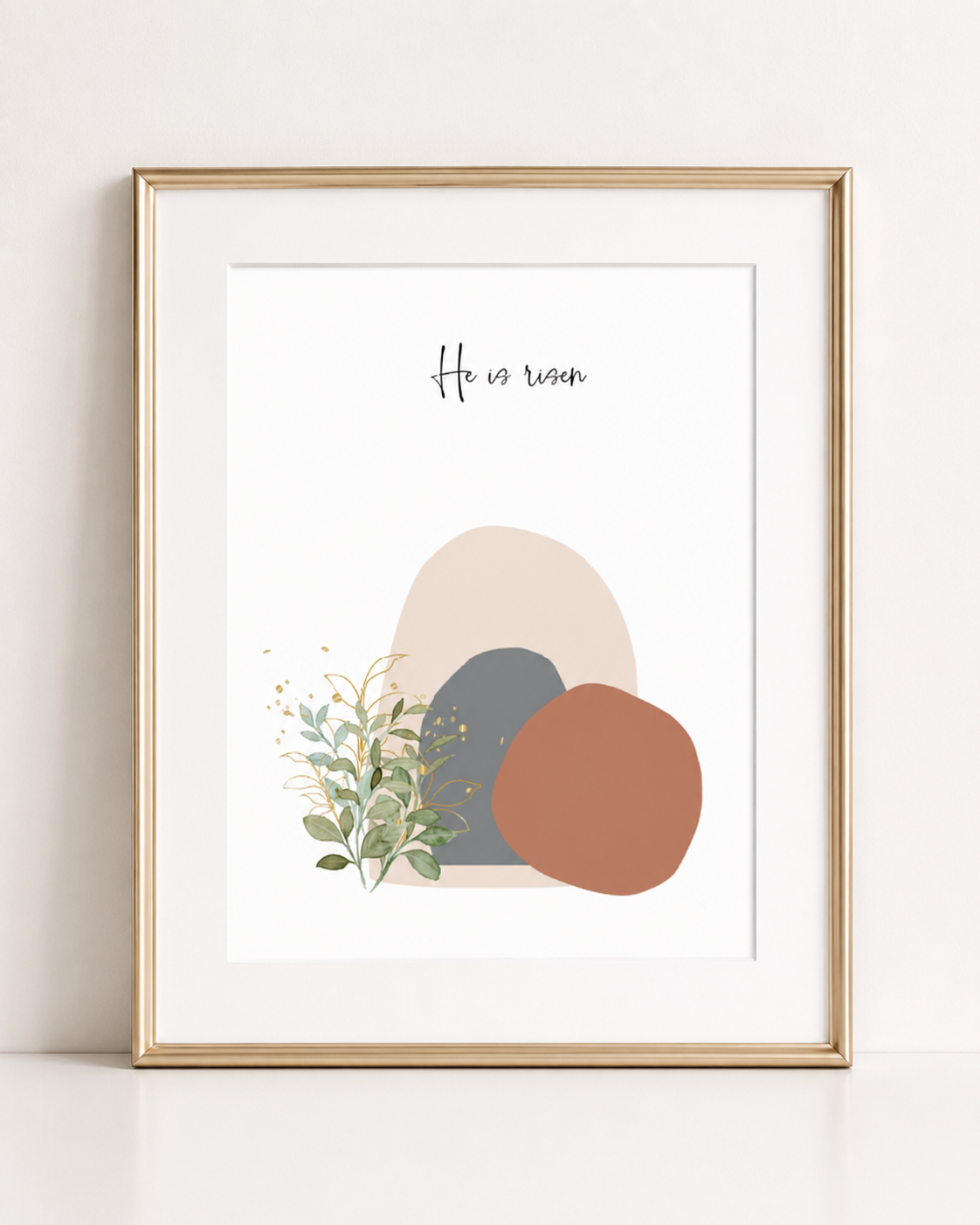 Close-up of minimalist Easter resurrection print in a light wood frame