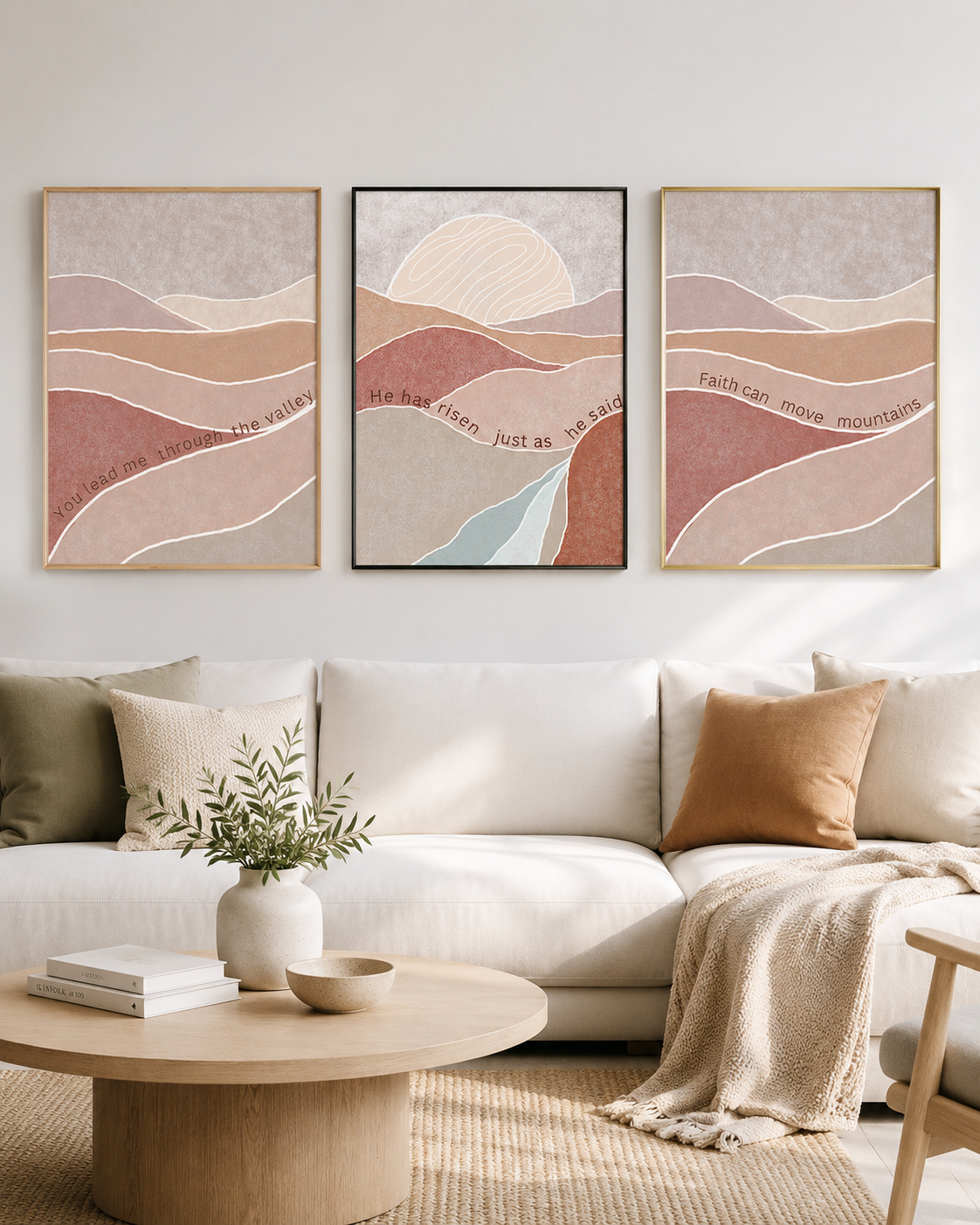 Earth-toned mountain landscape triptych displayed in a living room