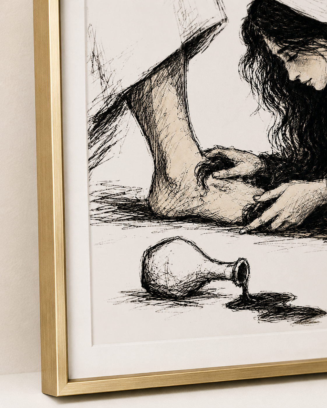 Close-up of the Mary anoints Jesus ink sketch, hands and perfume jar, in a gold frame