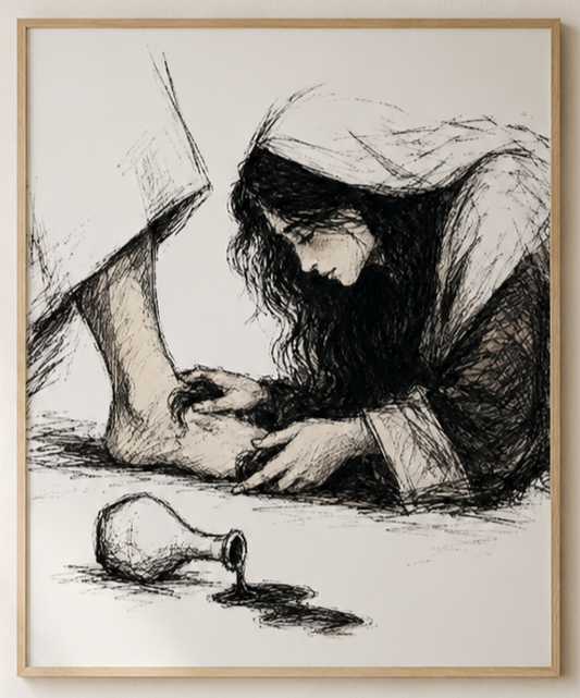 Mary anoints Jesus ink sketch of hands and spilled perfume jar framed above a living room sofa