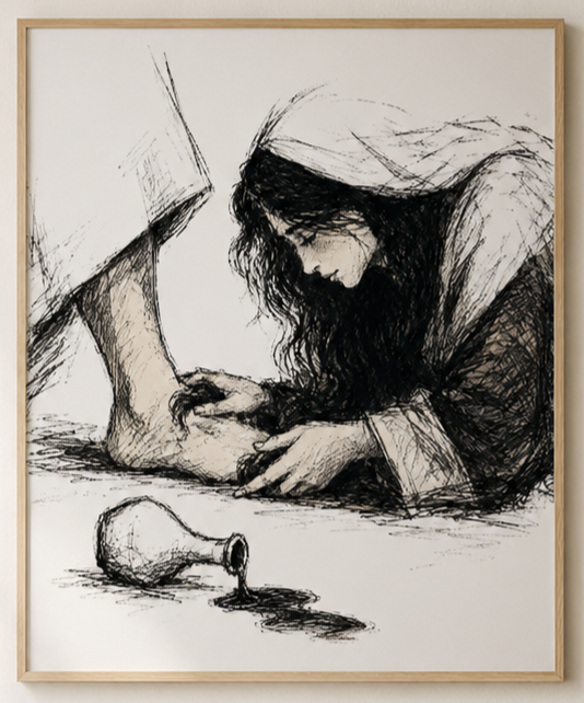 Mary anoints Jesus ink sketch of hands and spilled perfume jar framed above a living room sofa