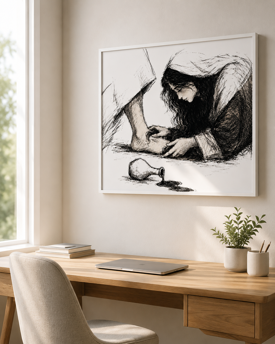 Mary anoints Jesus bible sketch with tipped perfume jar framed above a home office desk