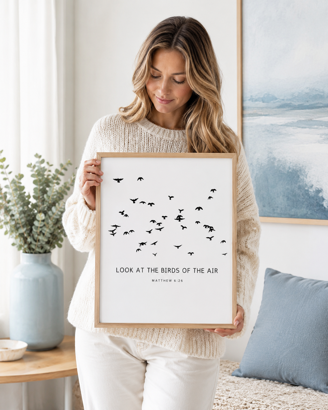 Woman holding a framed Matthew 6:26 Bible verse print at home