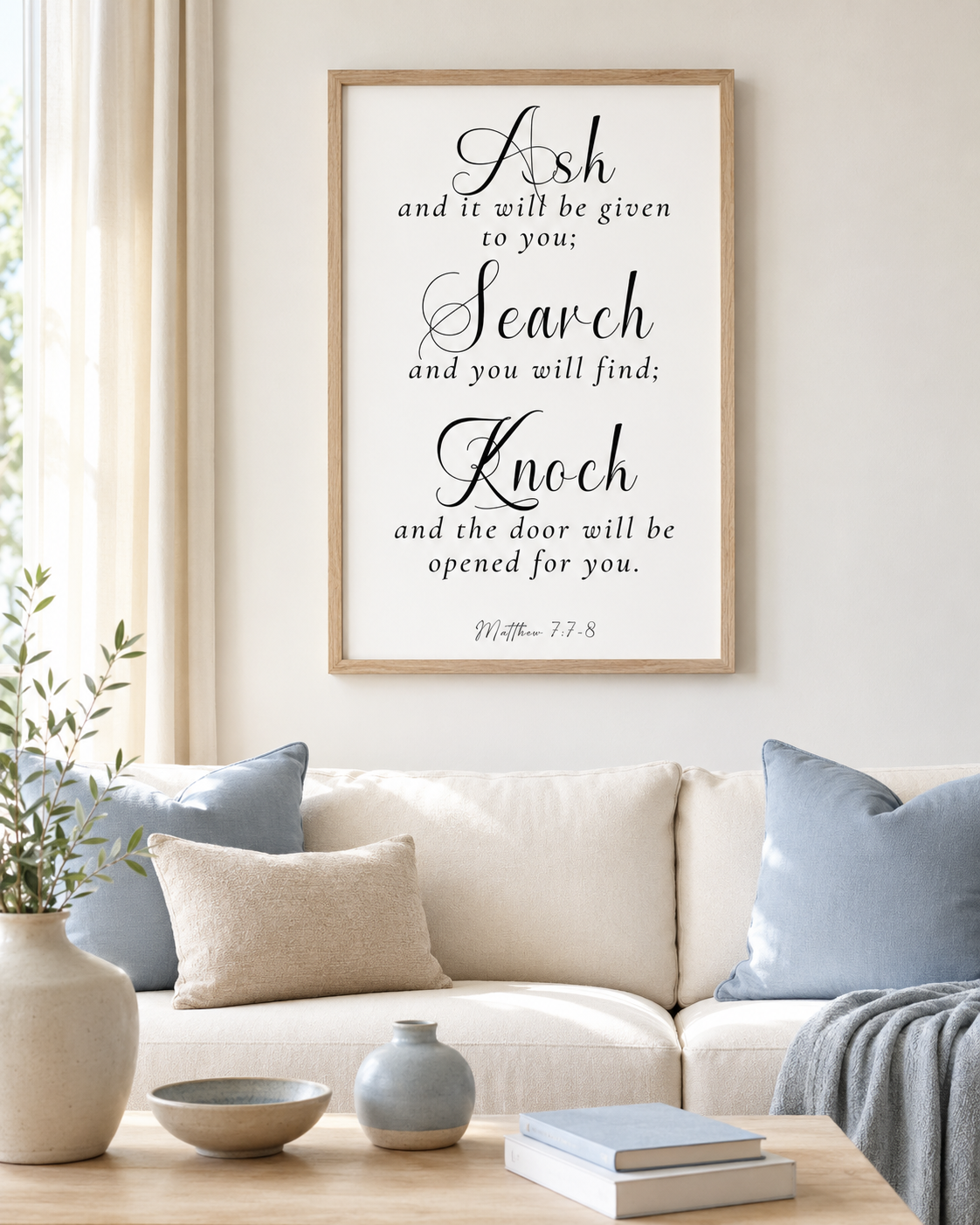 Wood-framed Matthew 7:7-8 "Ask, Seek, Knock" wall art print, displayed above a sofa in a living room