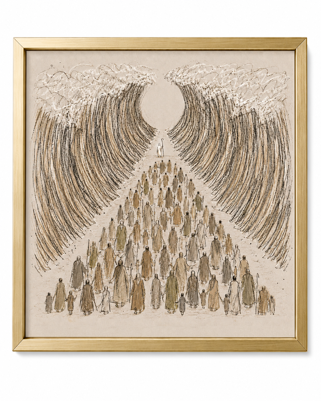 Close-up of Moses parts the Red Sea wall art print in a gold frame showing the detailed ink sketch design