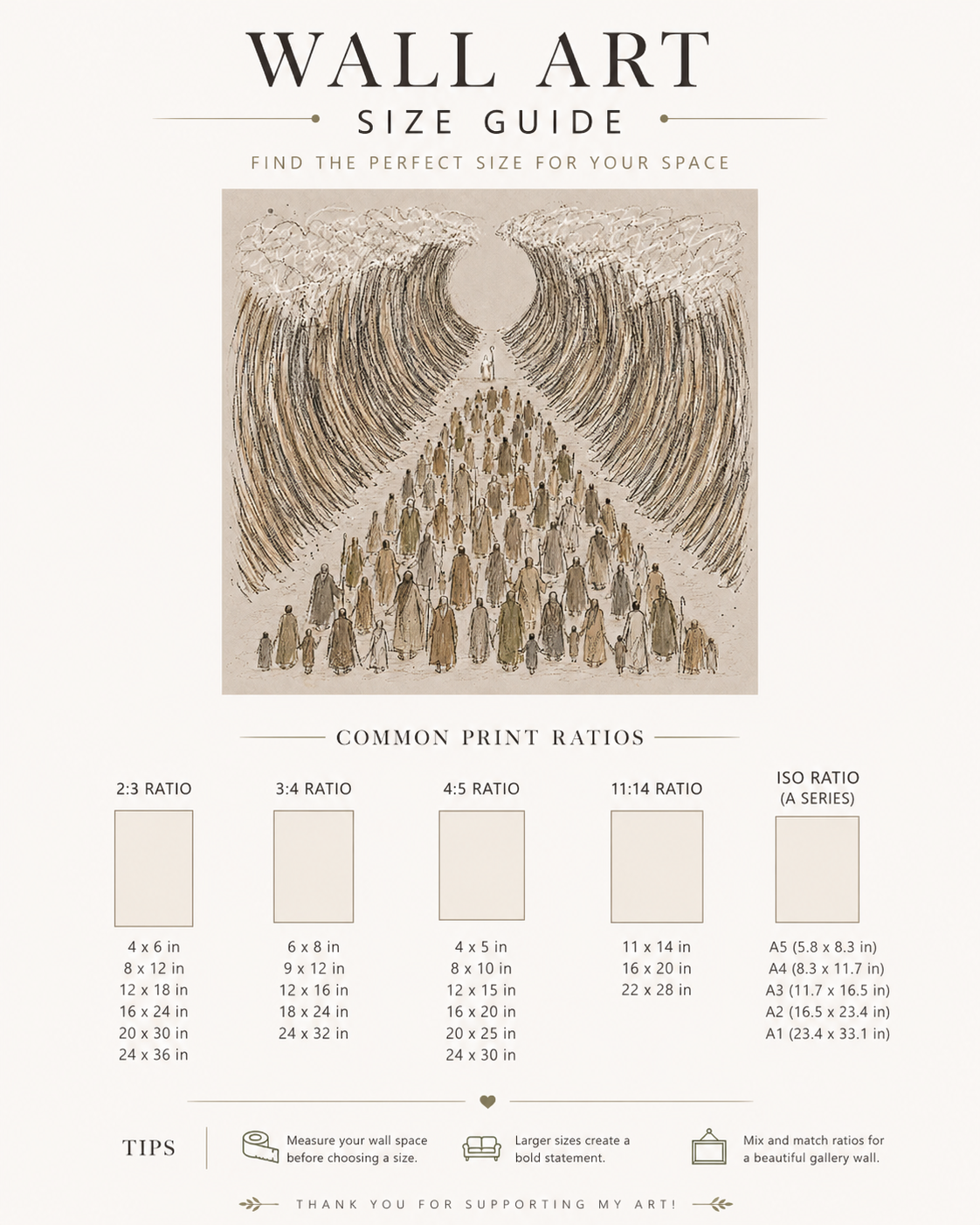 Wall art size guide chart showing available print sizes for the Moses parts the Red Sea download