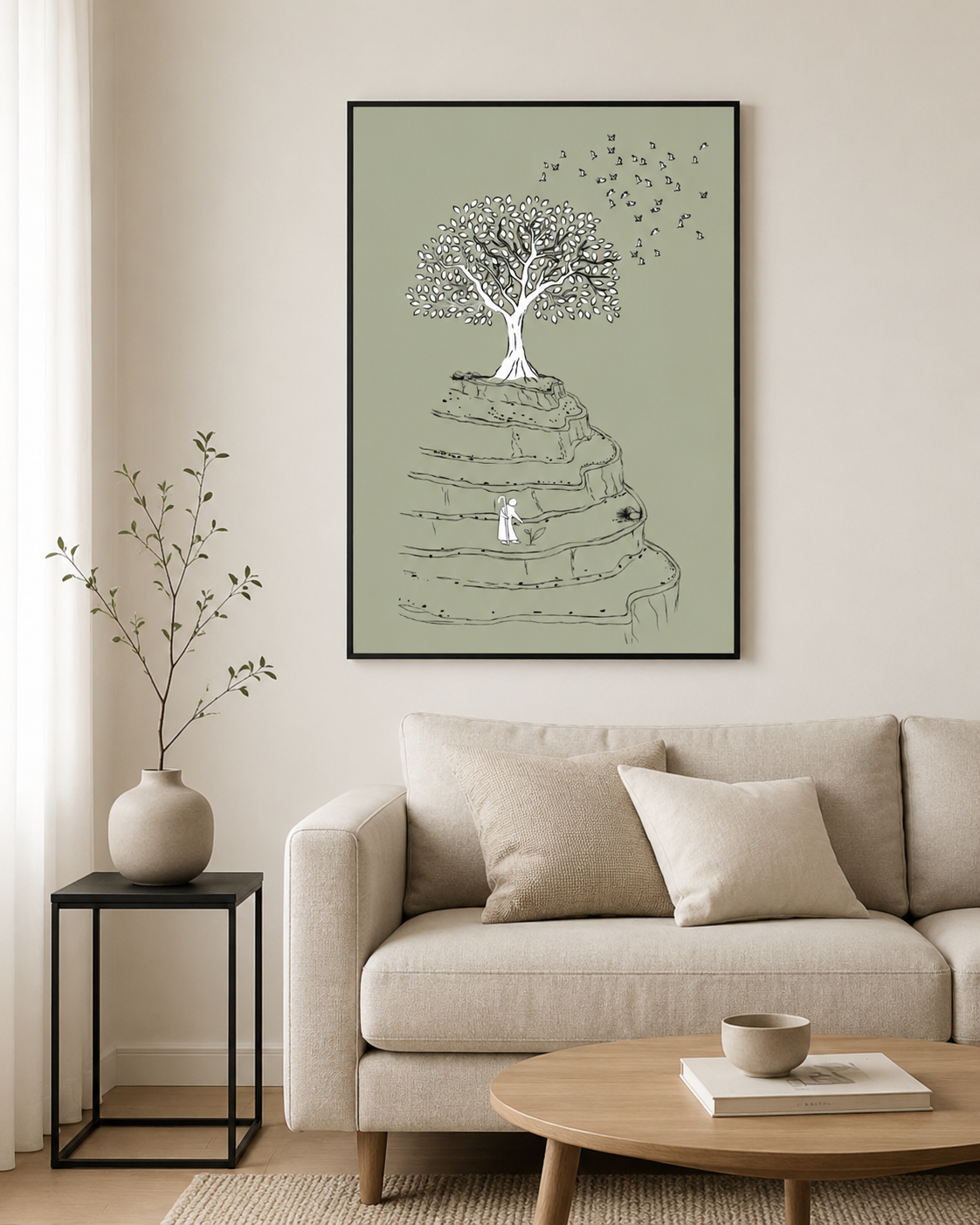 Mustard seed bible sketch framed on a bedroom nightstand