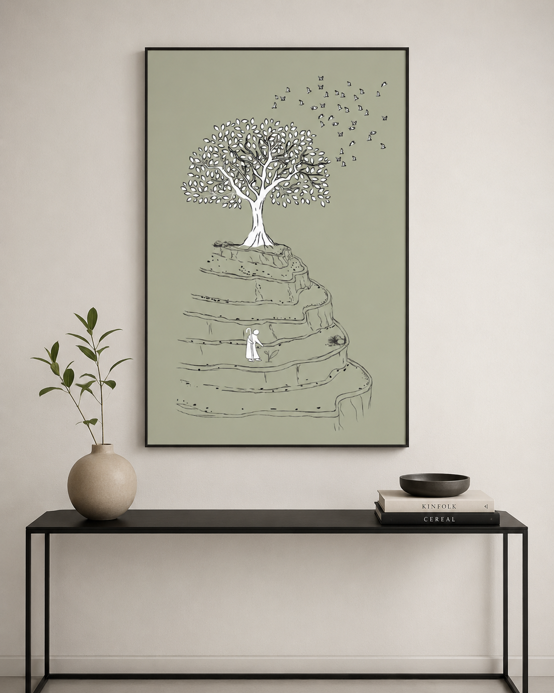 Mustard seed bible sketch framed in an entryway near an arched doorway
