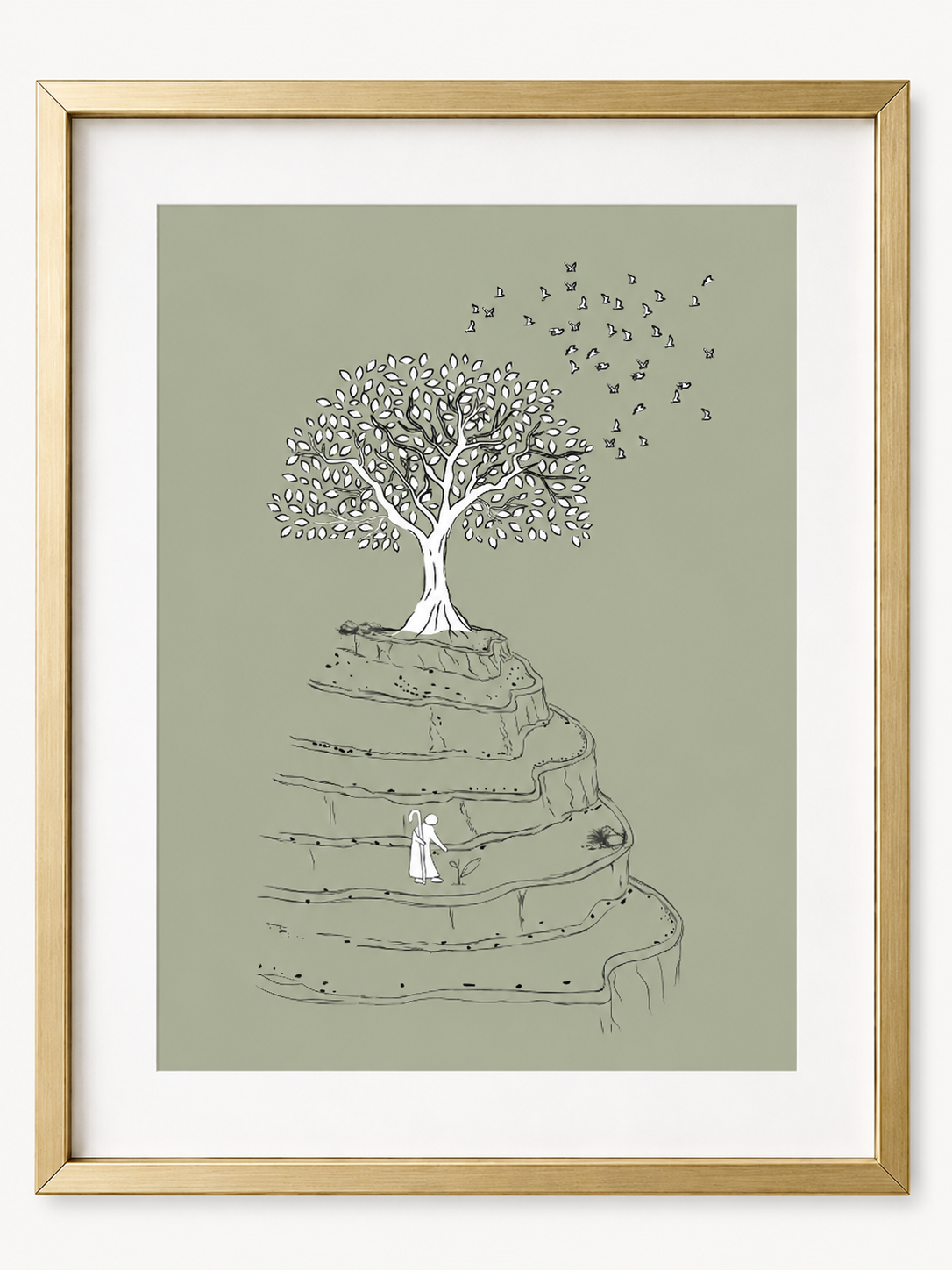Unframed mustard seed bible sketch showing the tiered cliffside and flourishing tree