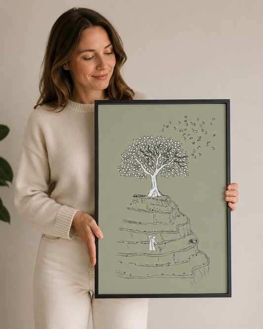 Woman hanging the framed mustard seed bible sketch on a wall