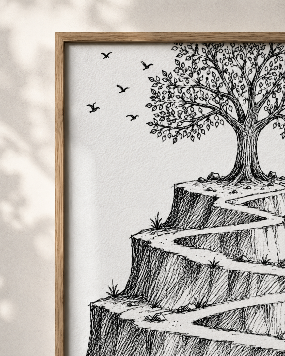Mustard seed parable sketch in a thin gold frame on a white wall