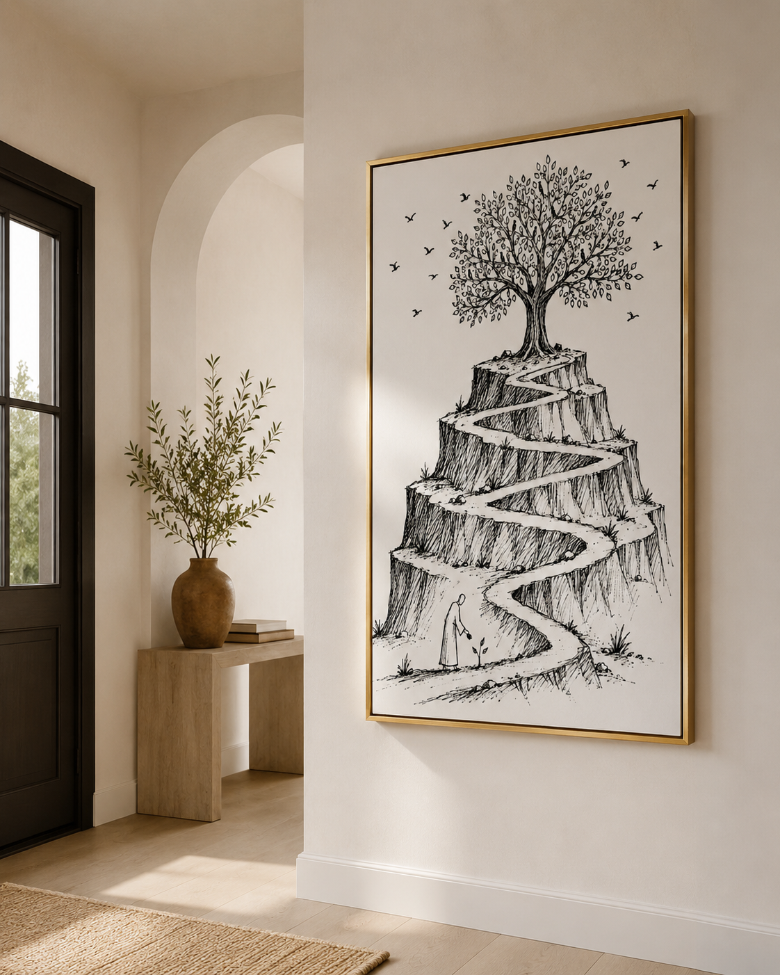 Mustard seed sketch framed on a bright hallway wall