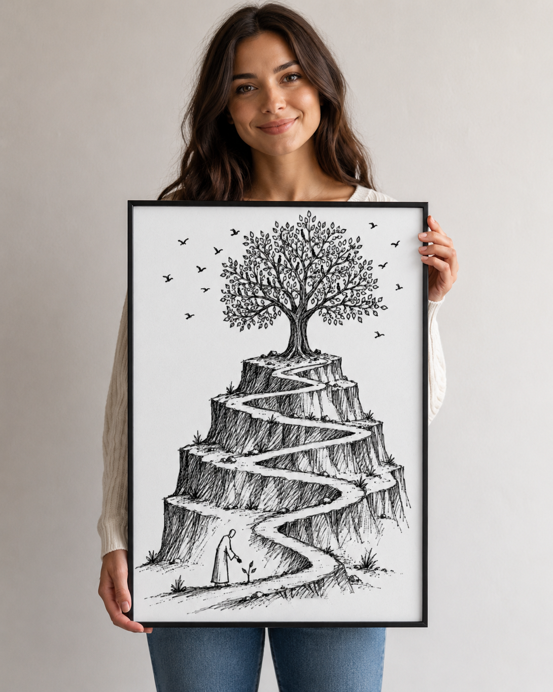 Woman holding the framed mustard seed faith print