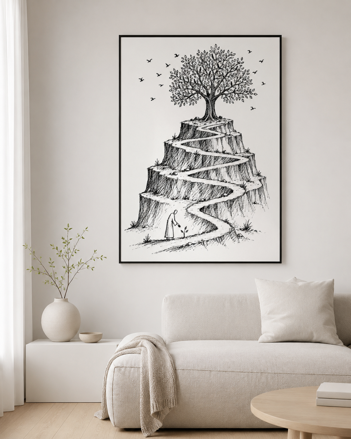 Framed mustard seed parable sketch above a sofa in a bright living room