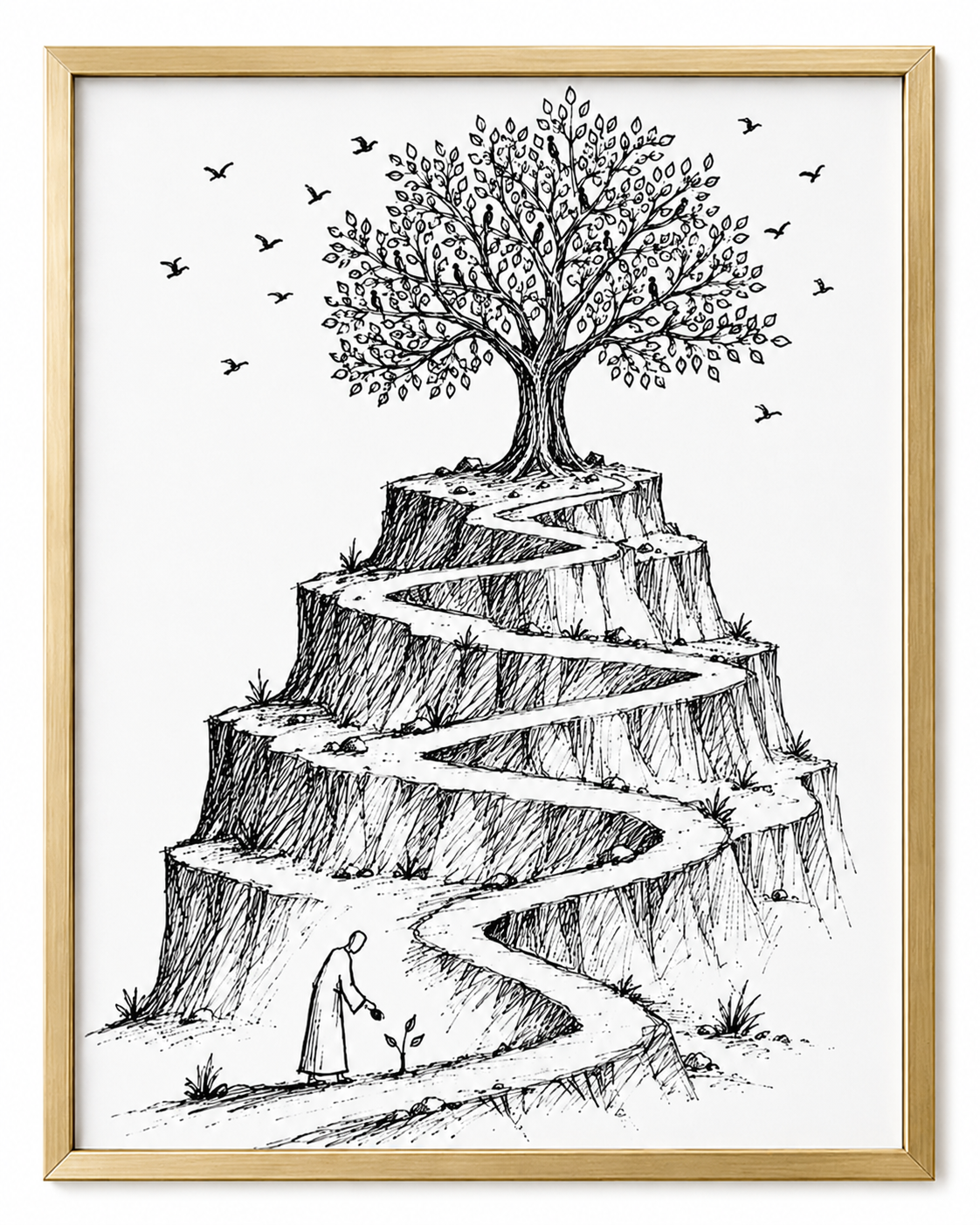 Black-and-white mustard seed sketch: a robed figure plants a seedling as a winding path climbs to a full tree filled with birds
