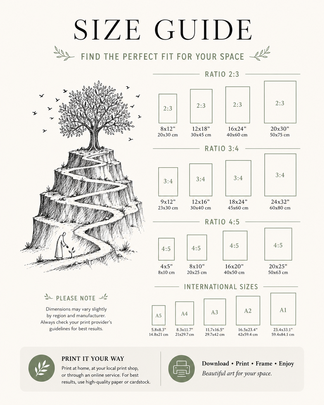 Size guide for the mustard seed faith printable wall art showing available print ratios