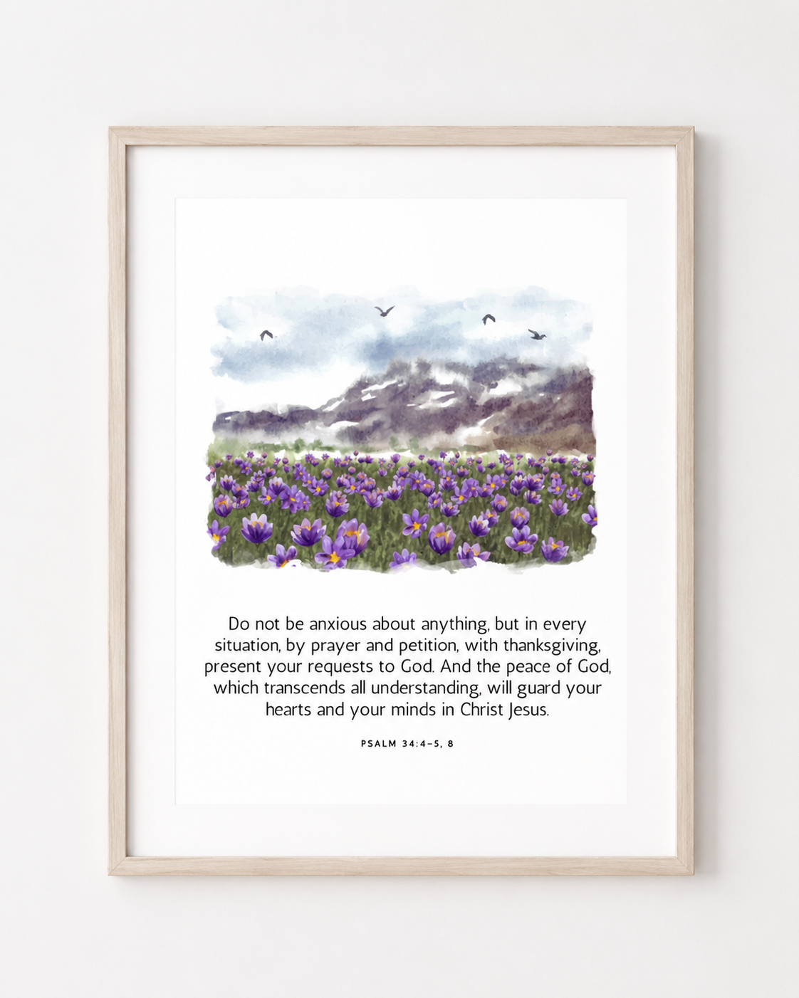 Philippians 4:6-7 wall art print in a wood frame showing the full verse text