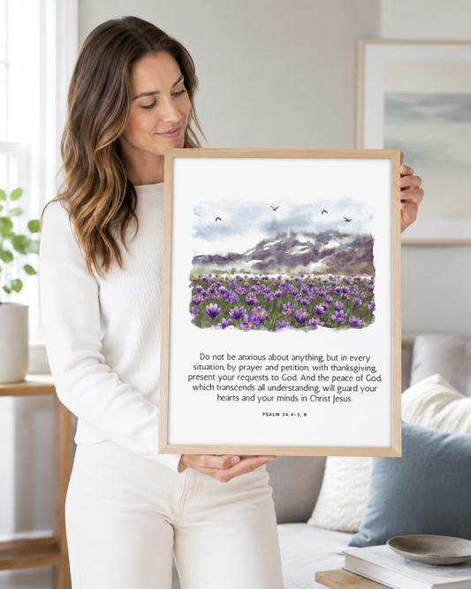 Woman holding a framed Philippians 4:6-7 Bible verse print at home