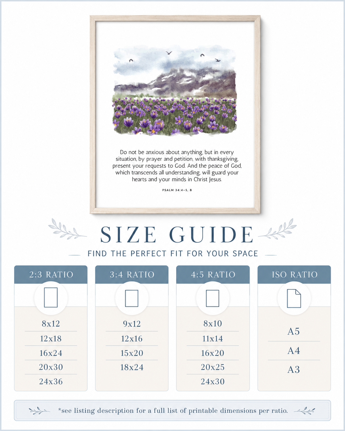 Size guide chart showing available print sizes for the Philippians 4:6-7 wall art download