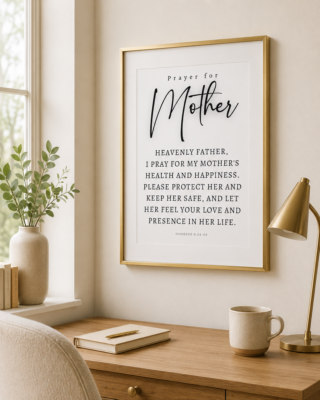 Prayer for Mother wall art print displayed on a shelf