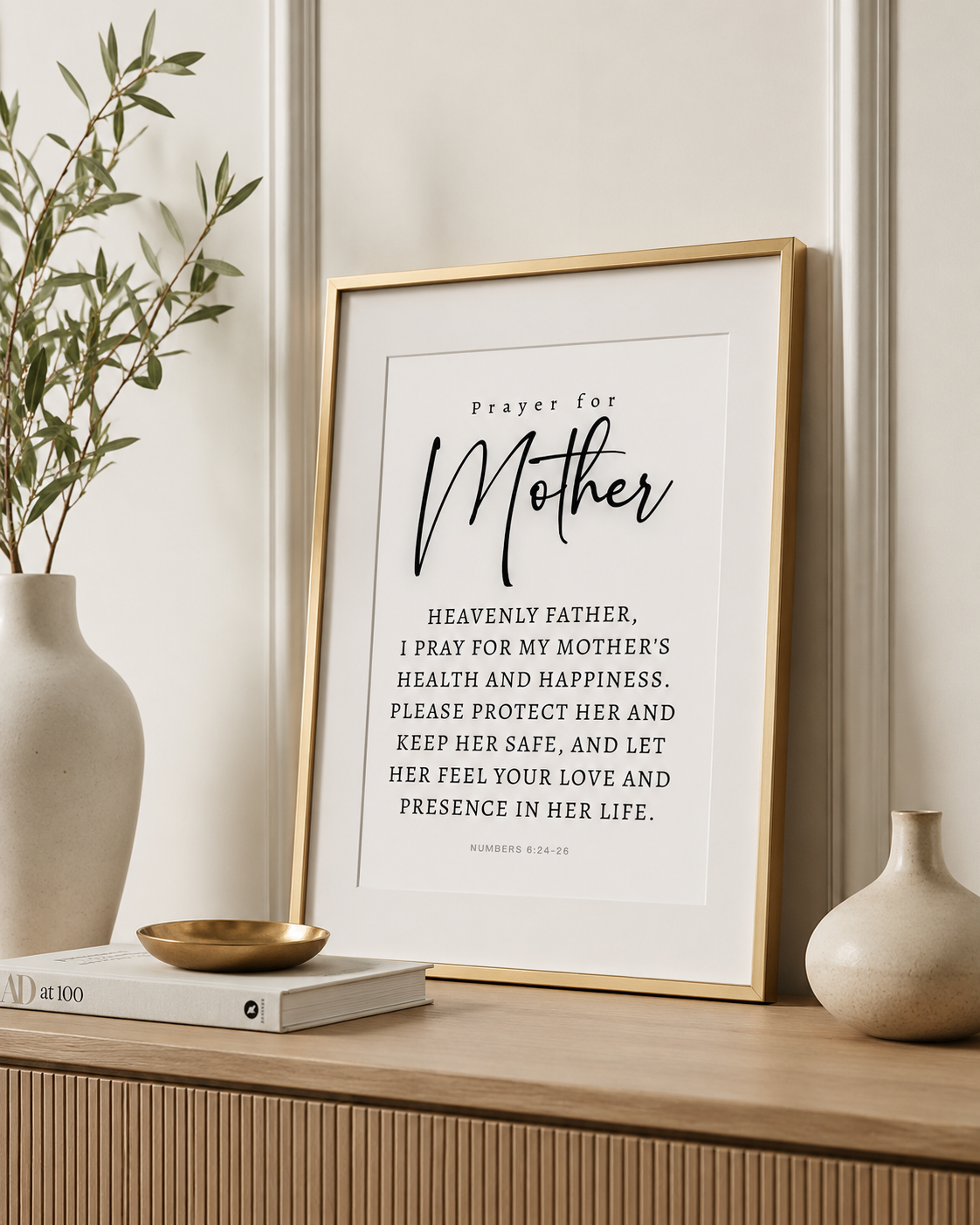 Framed Prayer for Mother wall art print on a console table