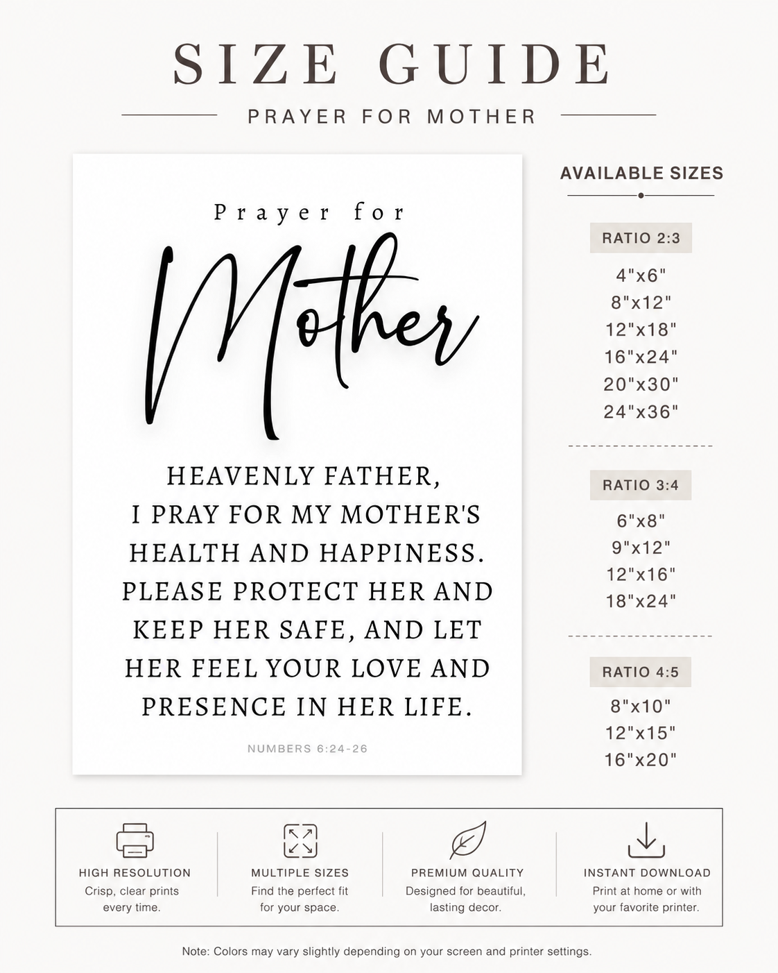 Size guide chart showing available print sizes for the Prayer for Mother wall art download