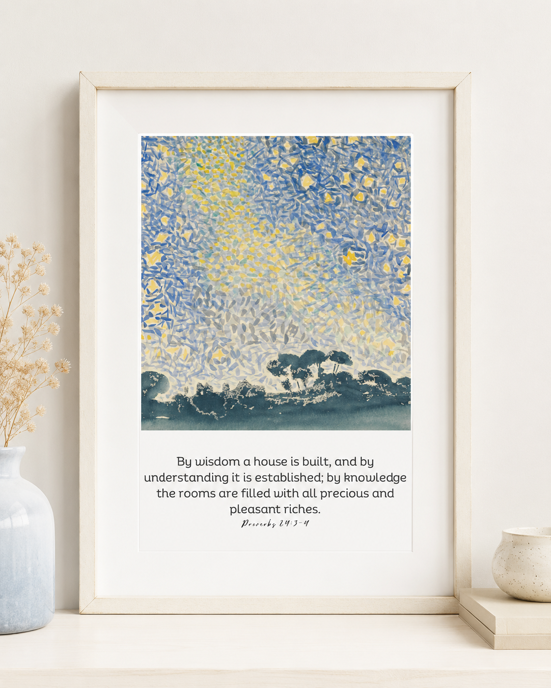 Close-up of Proverbs 24:3-4 wall art print in a gold frame showing the painterly night sky design and full verse text