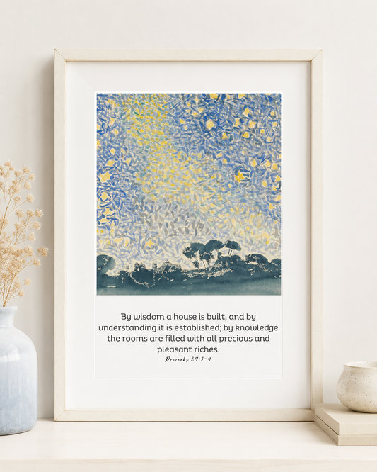 Close-up of Proverbs 24:3-4 wall art print in a gold frame showing the painterly night sky design and full verse text