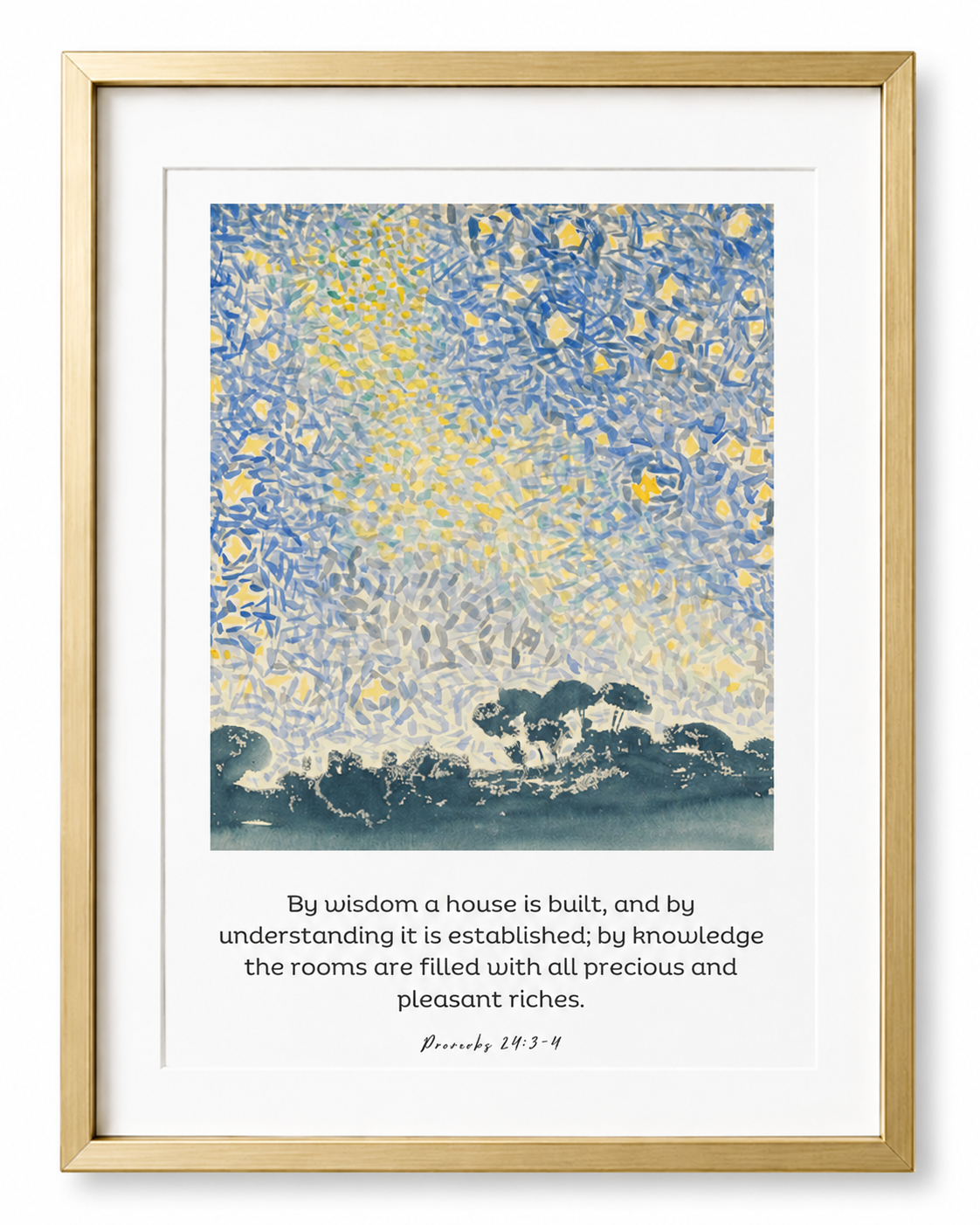 Close-up of Proverbs 24:3-4 wall art print showing the painterly night sky design and full verse text