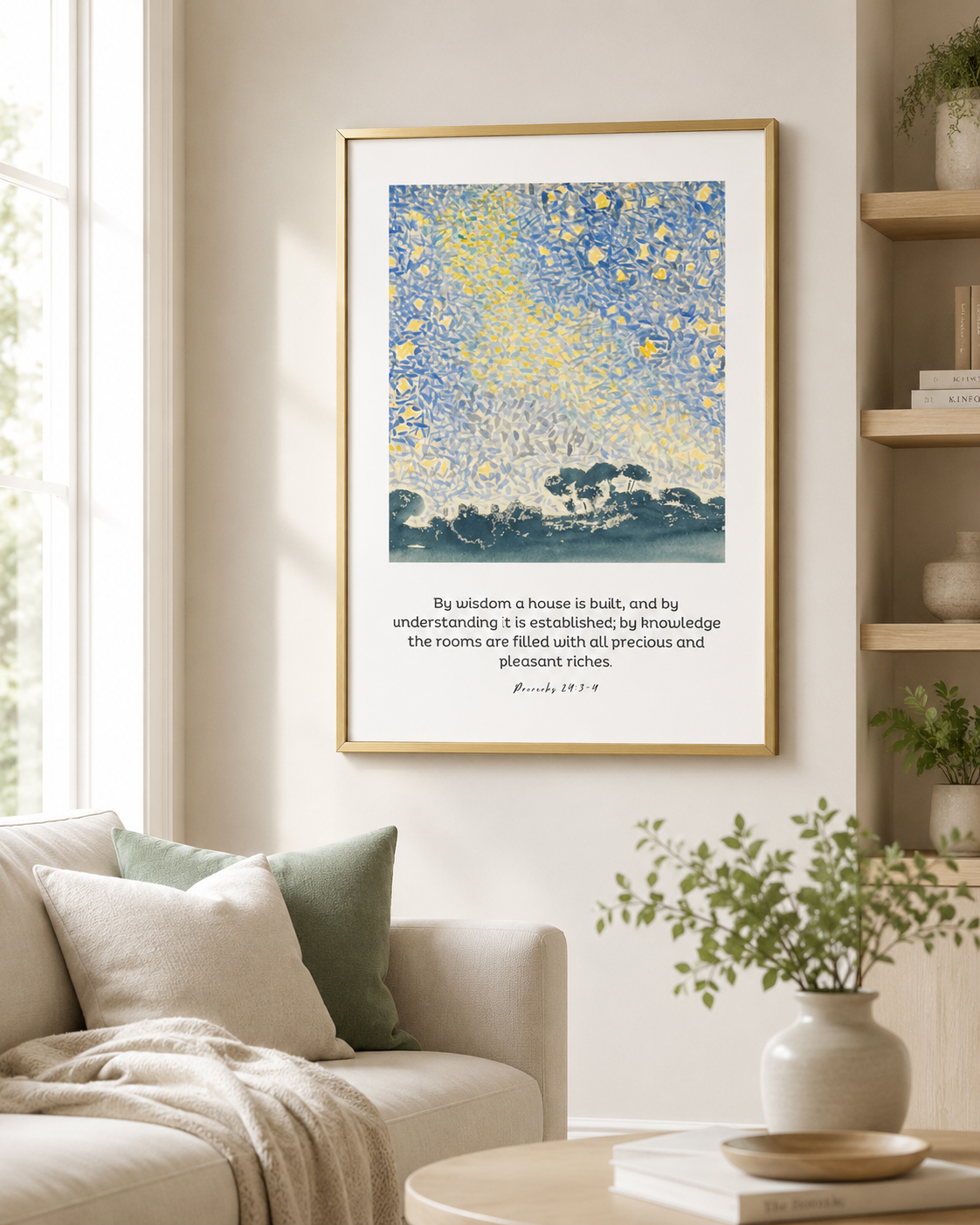Framed Proverbs 24:3-4 wall art print displayed near a dining table