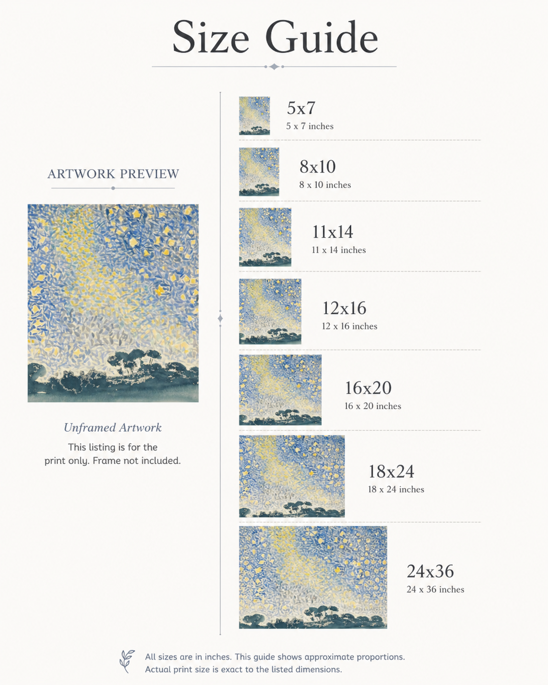 Size guide chart showing available print sizes for the Proverbs 24:3-4 wall art download