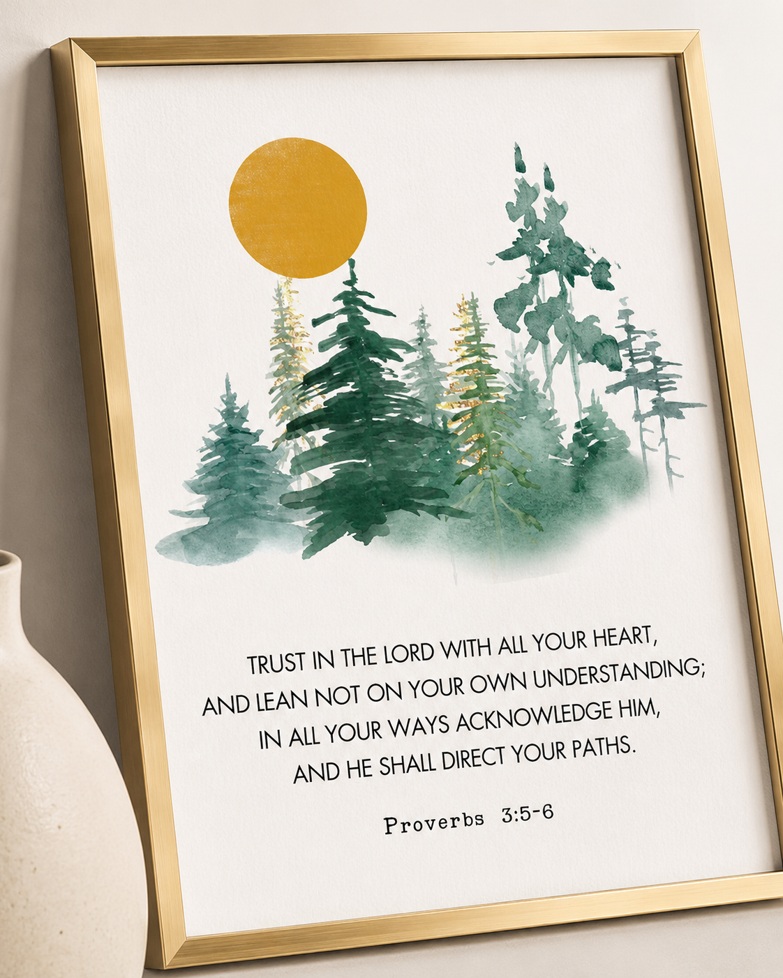Framed Proverbs 3:5-6 wall art print on a console table near an entryway