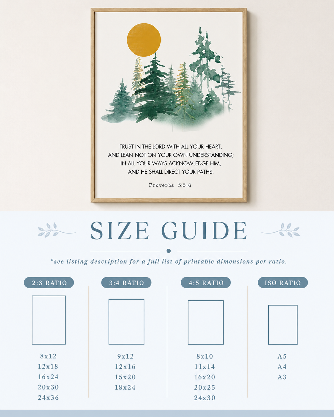 Size guide chart showing available print sizes for the Proverbs 3:5-6 wall art download
