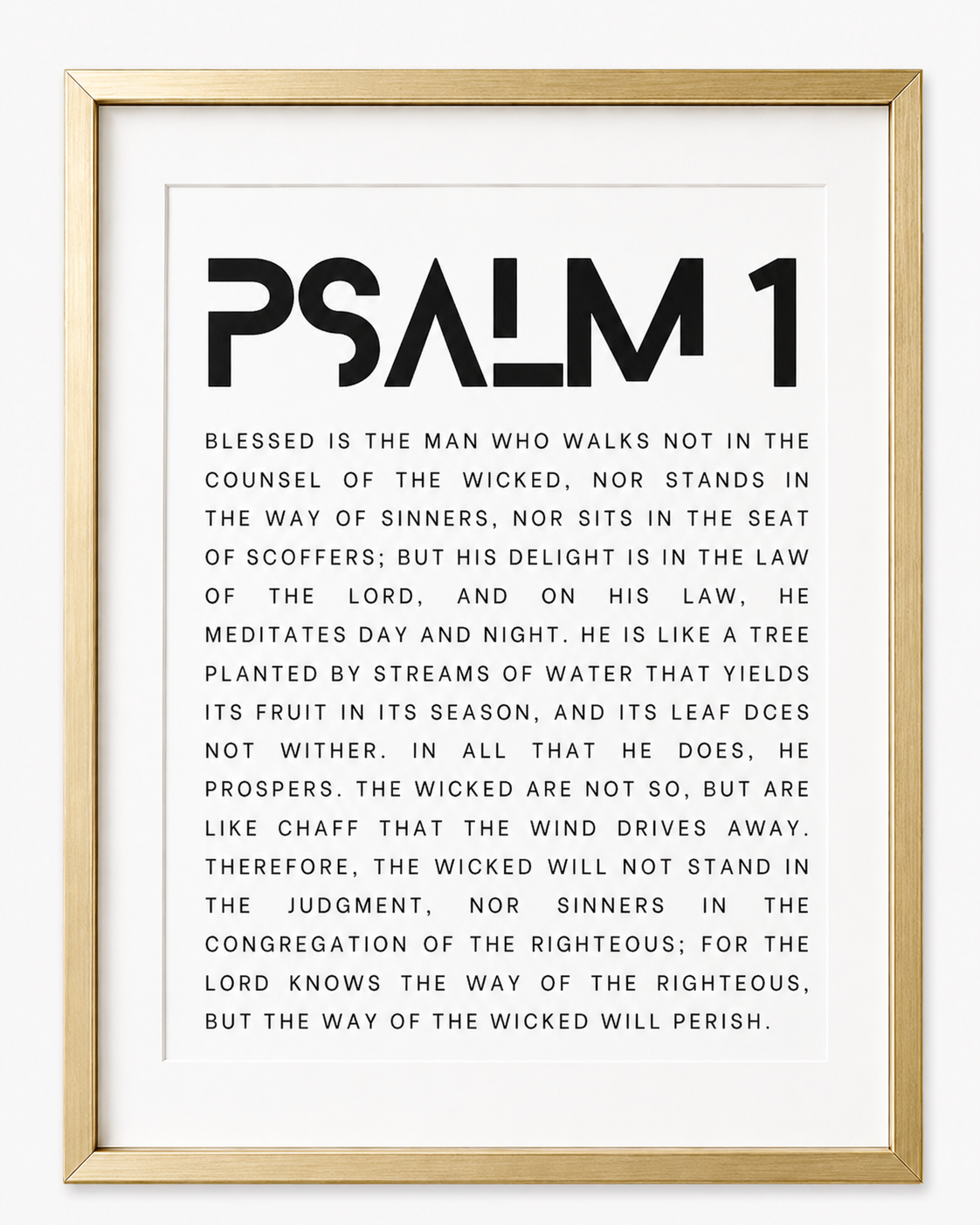 Close-up of Psalm 1 wall art print showing the complete psalm text in a minimalist typographic design