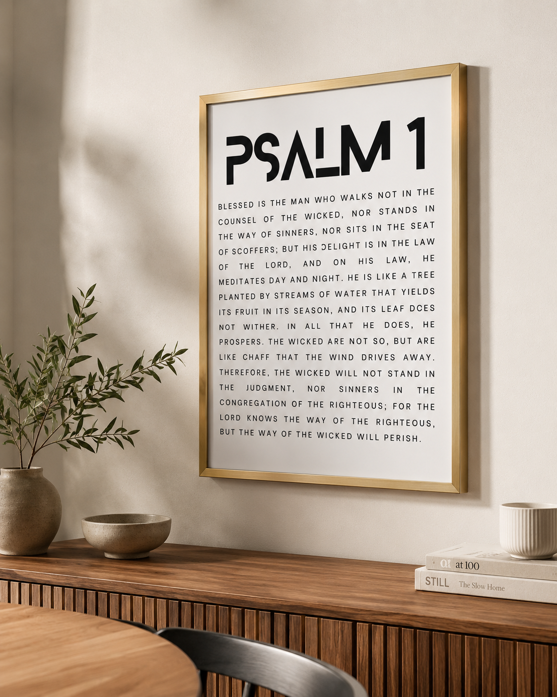 Framed Psalm 1 wall art print on a console table near an entryway