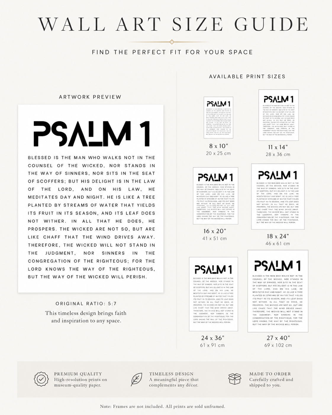 Wall art size guide chart showing available print sizes for the Psalm 1 wall art download