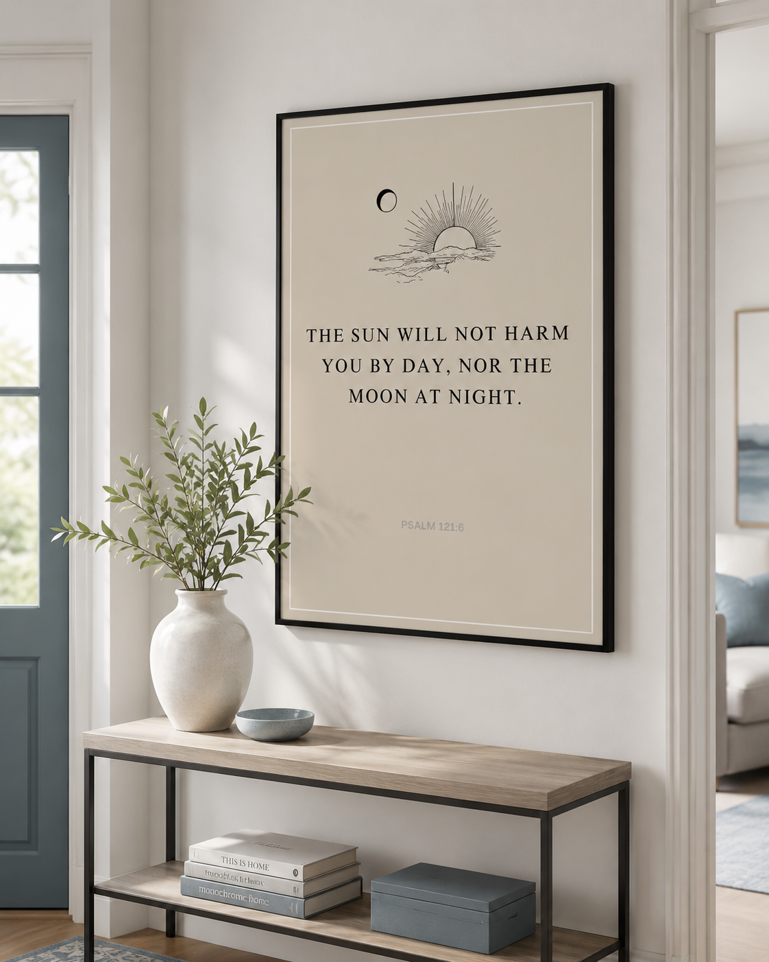 Psalm 121:6 wall art print in a wood frame, standing upright and showing the full design