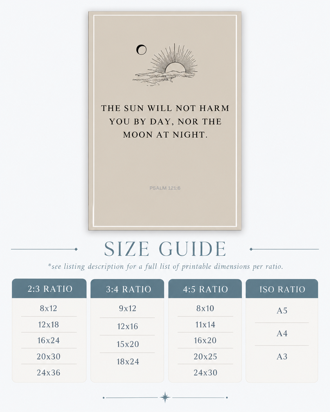 Size guide chart showing available print sizes for the Psalm 121:6 wall art download