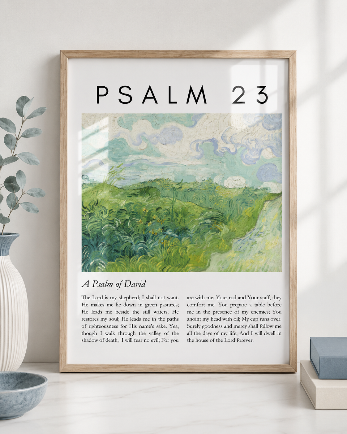 Psalm 23:1-4 wall art print in a wood frame showing the full title and scripture text