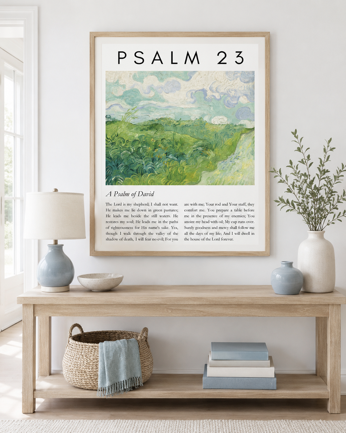 Psalm 23:1-4 wall art print displayed in a blue-toned room with a plant
