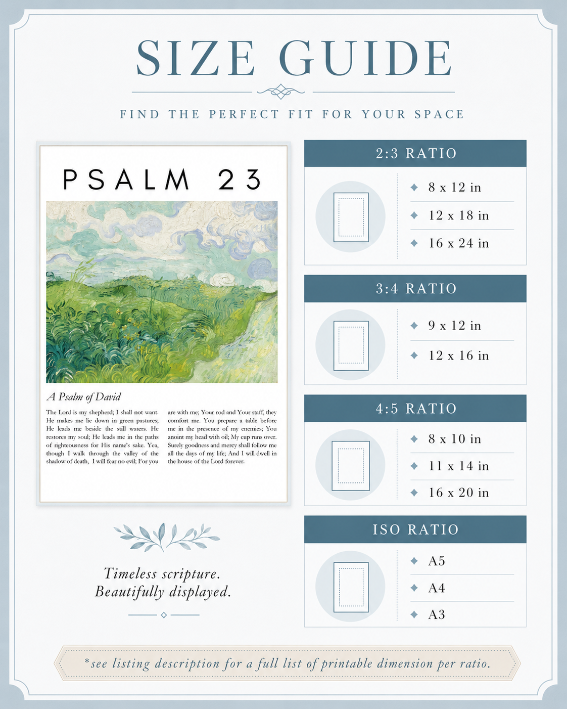 Size guide chart showing available print sizes for the Psalm 23:1-4 wall art download