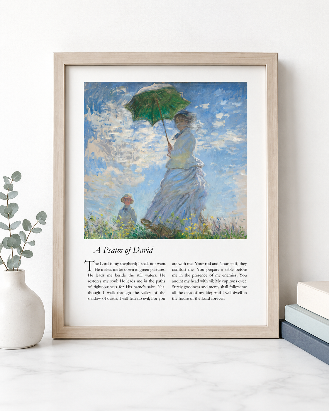 Close-up of Psalm 23 art print showing the complete psalm text and impressionist meadow painting