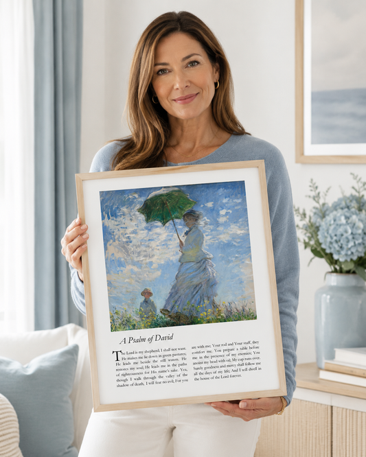 Woman holding a framed Psalm 23 art print with the complete psalm text