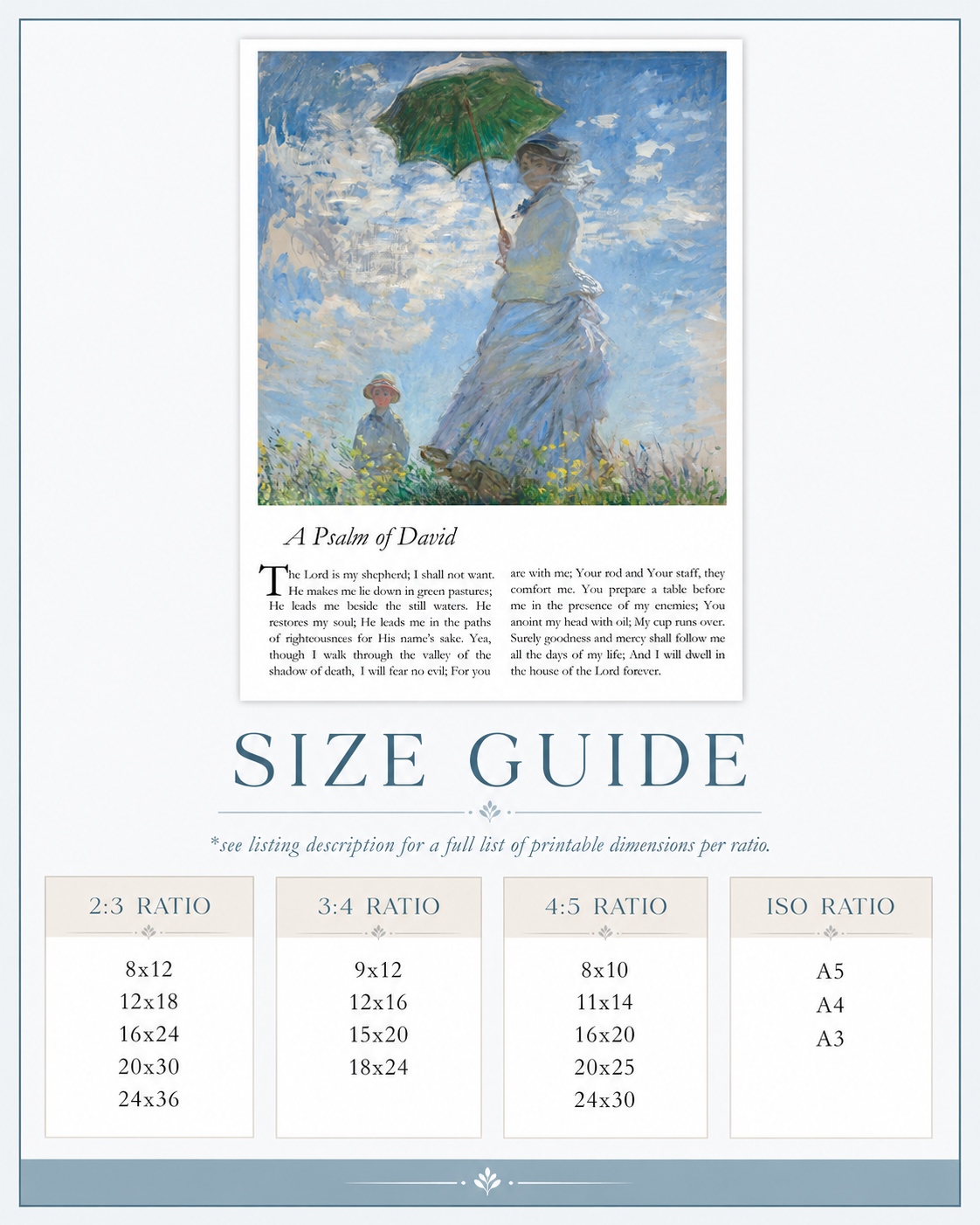 Size guide chart showing available print sizes for the Psalm 23 art print download
