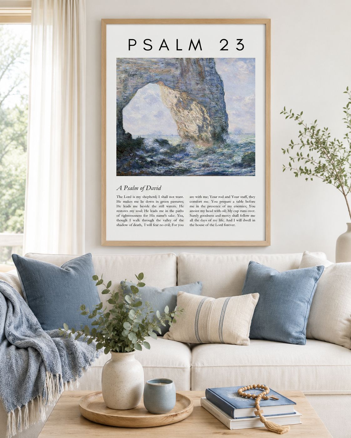 Close-up of Psalm 23 wall art print showing the complete psalm text and coastal cliff painting